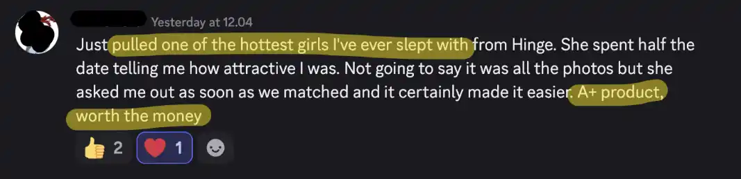 Screenshot of a testimonial saying: Just pulled one of the hottest girls I've ever slept with ... A+ product, worth the money